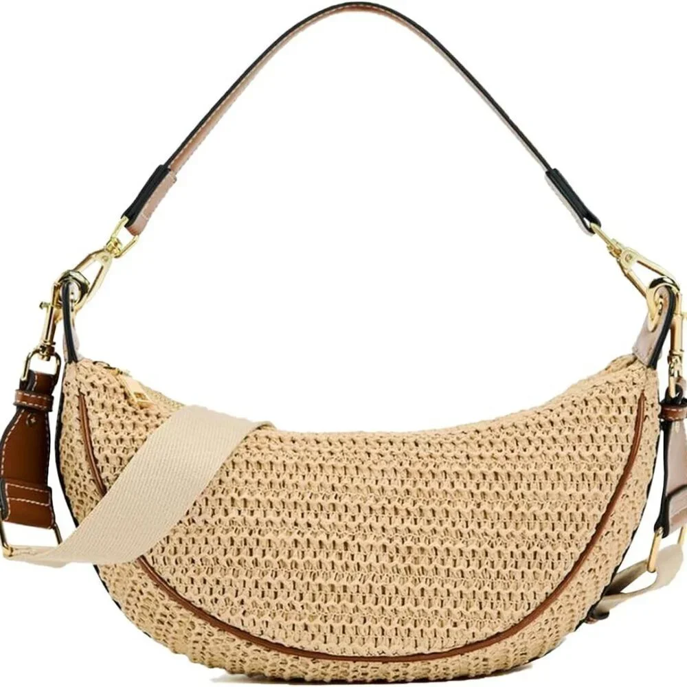 Straw Crossbody Bag Women Summer Woven Shoulder Handbag with Adjustable Strap